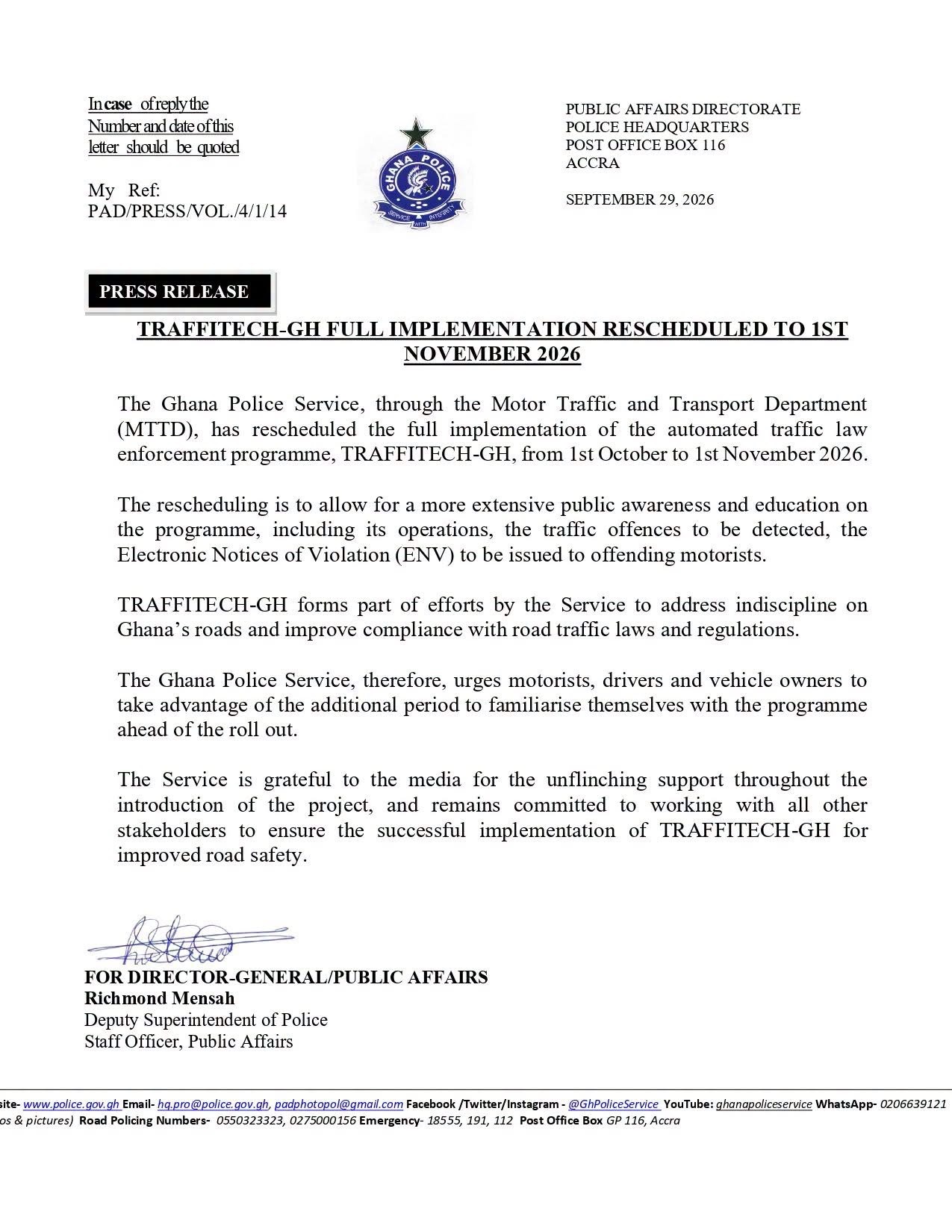 Ghana Police Public Affairs Directorate press release dated 29 September 2026 rescheduling full TRAFFITECH-GH implementation to 1 November