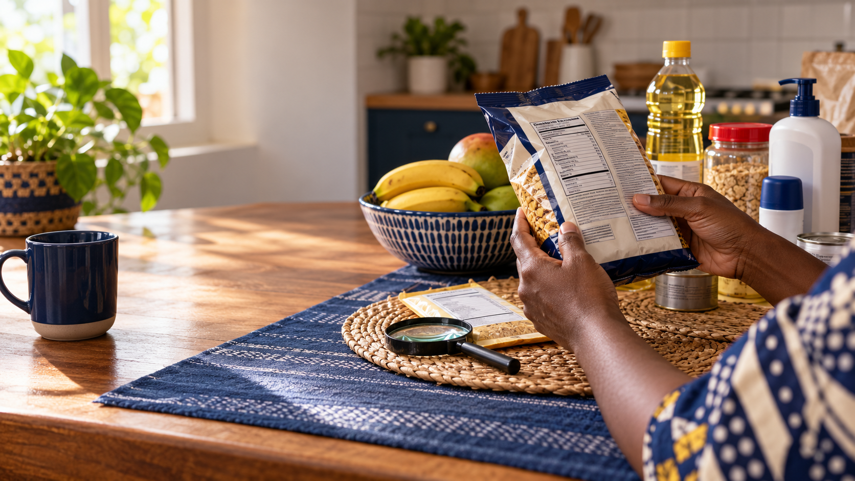 A consumer reading the back label of a packaged food product, with other everyday items nearby